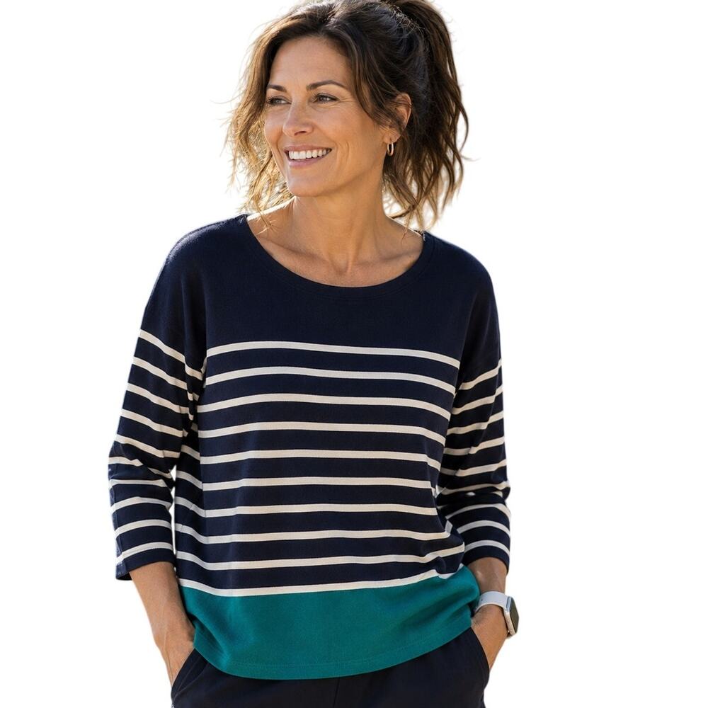 Talbots Striped Colorblock Sweater Top Womens XL Navy Teal White Knit Pullover